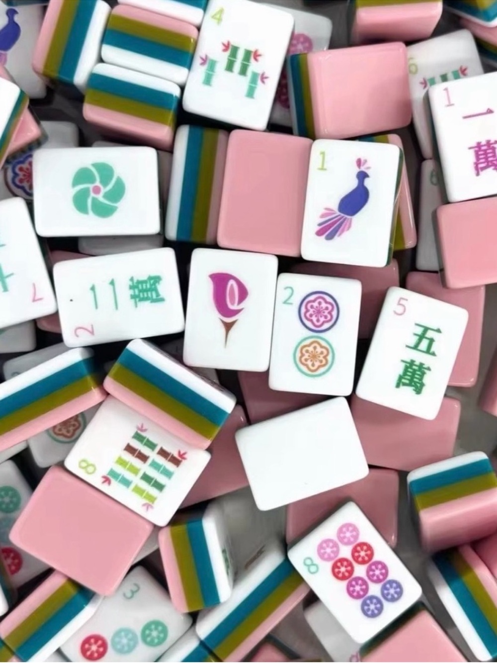 Pastel Pink Mahjong Tiles Set engraved and layered